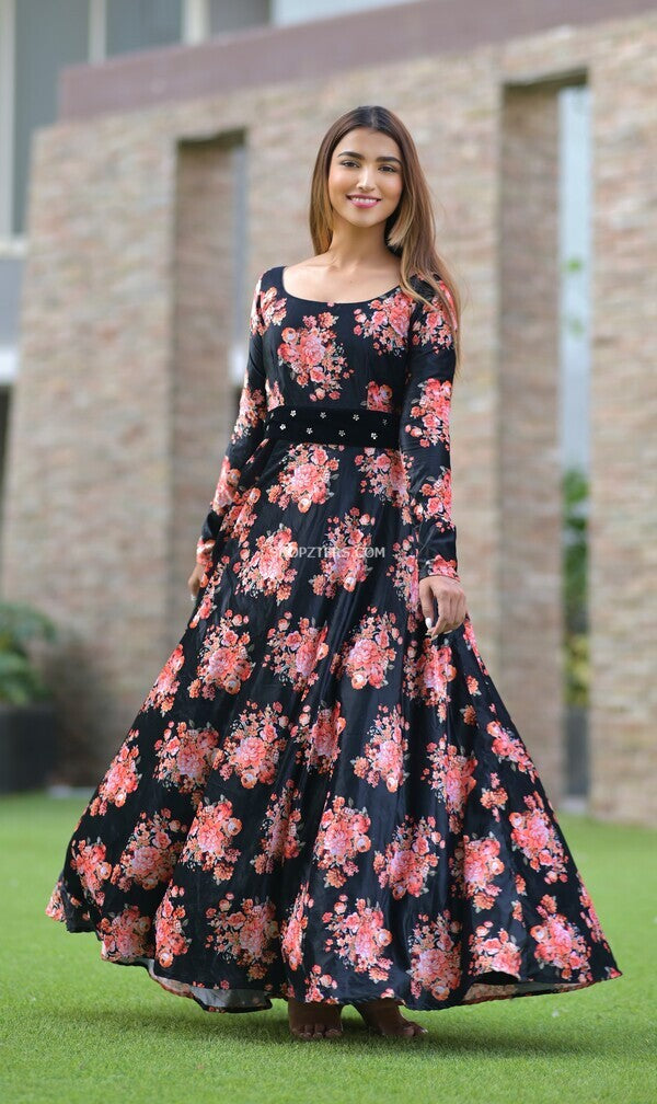 Women Extra-long Floral Print Chiffon Dress Big Hemline Holiday Puff Sleeve  Maxi | eBay